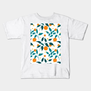 Teal leaves and oranges pattern Kids T-Shirt